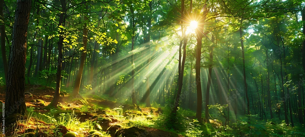 Obraz premium Beautiful rays of sunlight in a green forest