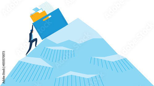 Businessman climbing paper mountain paperwork challenge corporate concept. Professional man scaling document pile deadline metaphor. Struggle career ascend file peak job stress graphic