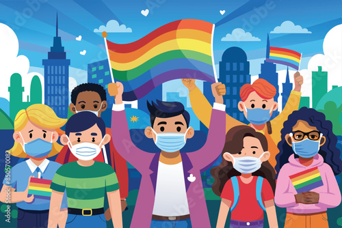 A group of diverse individuals wearing face masks hold rainbow flags and celebrate Pride in a city setting, Pride protest wearing face masks Customizable Cartoon Illustration