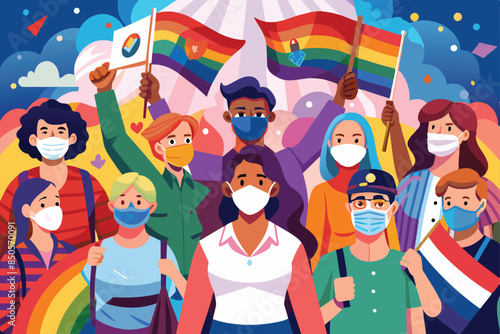 An illustration of people of different genders, races, and ages holding pride flags and wearing masks, Pride protest wearing face masks Customizable Flat Illustration