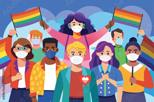 An illustration of a group of diverse people wearing face masks and holding rainbow flags at a pride protest, Pride protest wearing face masks Customizable Cartoon Illustration
