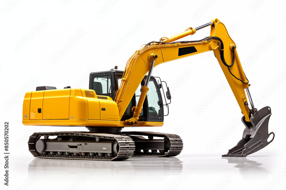 Excavator on white background. Demolition profession. Job offer. Looking for excavator driver. Excavator on white background. Demolition profession. Job offer. Looking for excavator driver.