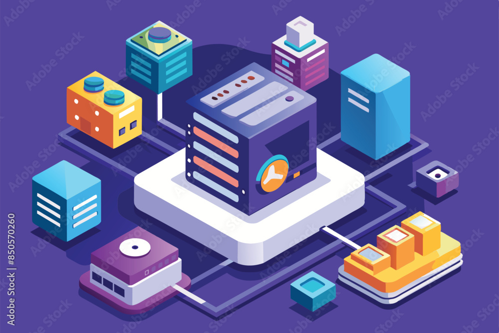 Isometric illustration depicting a data center with various servers and network connections, Private data Customizable Isometric Illustration Isometric illustration depicting a data center with various servers and network connections, Private data Customizable Isometric Illustration