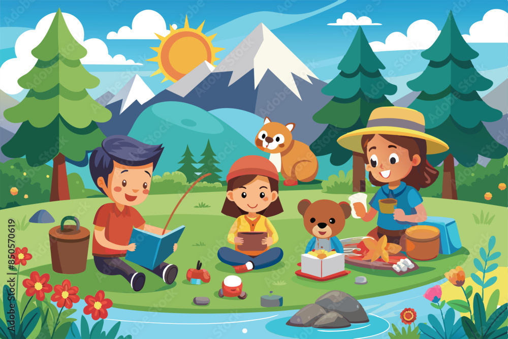 Fototapeta premium Cartoon illustration of children enjoying a day in nature, with mountains, trees, and a river in the background, Quality time in nature Customizable Cartoon Illustration