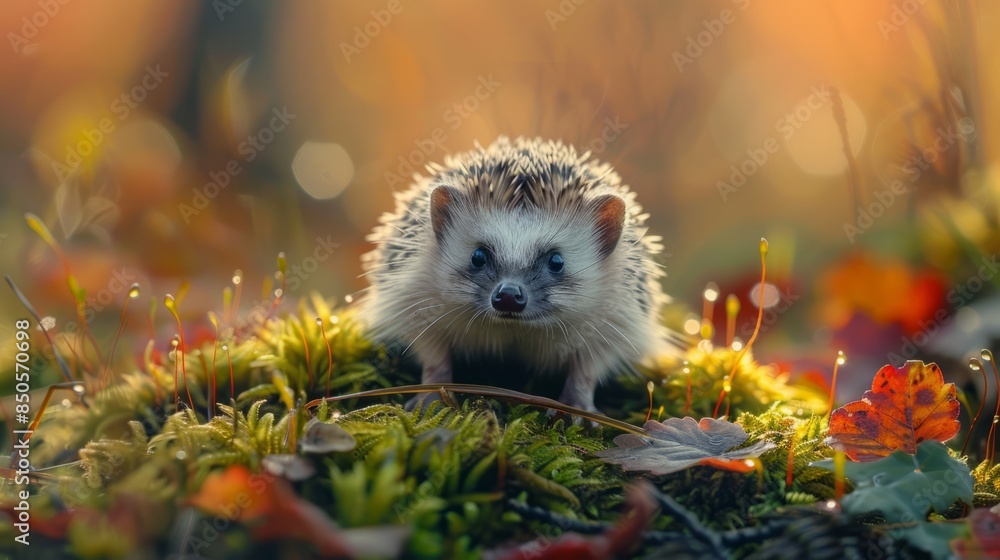 Cute hedgehog sitting on mossy ground in forest Cute hedgehog sitting on mossy ground in forest