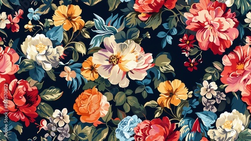 Seamless 1980s chintz pattern with large, colorful floral motifs