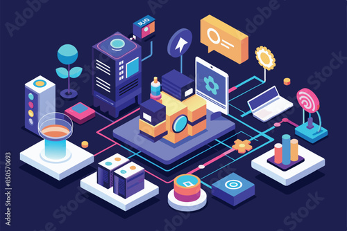 Isometric illustration depicting a data center network with various devices, servers, and connections, React Customizable Isometric Illustration