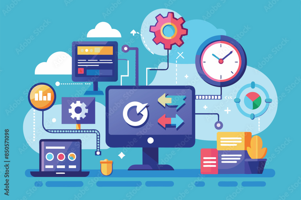 Illustration depicting a real-time data synchronization system with customizable elements, Real-time sync Customizable Semi Flat Illustration Illustration depicting a real-time data synchronization system with customizable elements, Real-time sync Customizable Semi Flat Illustration