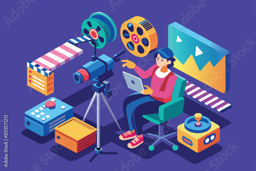 An isometric illustration depicting a person recording a movie using a camera and laptop, Recording a movie Customizable Isometric Illustration