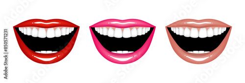 Beautiful sexy plump glossy female lips with teeth, smile in red, pink and beige nude colors. Set of isolated vector illustrations on transparent background
