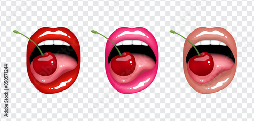Beautiful sexy plump glossy female lips with tongue holds cherry, red, pink and beige nude colors. Set of isolated vector illustrations on transparent background