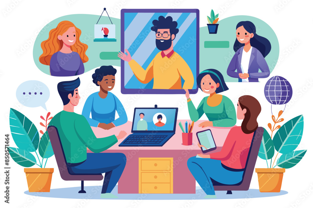 An illustration depicting a diverse group of people participating in a virtual meeting, Remote meeting Customizable Semi Flat Illustration An illustration depicting a diverse group of people participating in a virtual meeting, Remote meeting Customizable Semi Flat Illustration