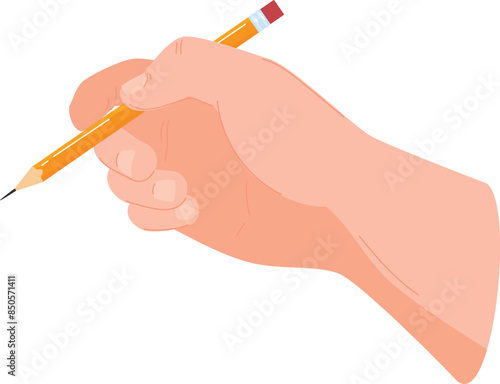 Closeup hand holding pencil ready write, detailed fingernails skin texture. Caucasian hand gripping wooden pencil, preparing drawing, creative concept. Artistic poised pencil, fine motor skills