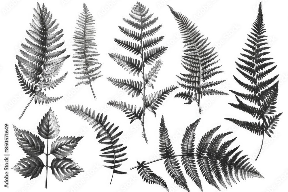 A collection of different fern leaf species on a background A collection of different fern leaf species on a background
