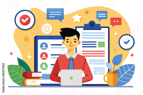 An illustration of a man working on a resume template on his laptop, with a clipboard and other helpful icons, Resume Customizable Disproportionate Illustration