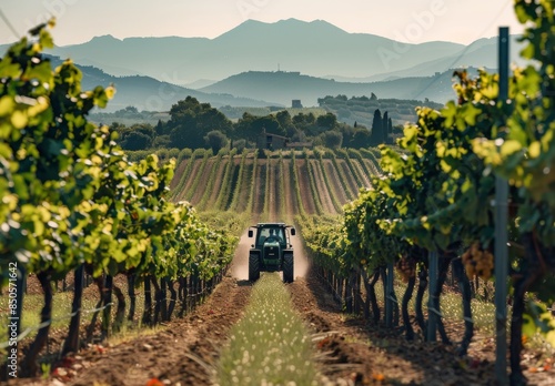 A tractor is driving through the vineyard
