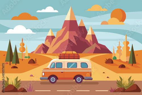 A flat illustration of a vintage orange camper van driving on a road through a mountain pass, with a sunny sky and clouds, Road trip Customizable Flat Illustration