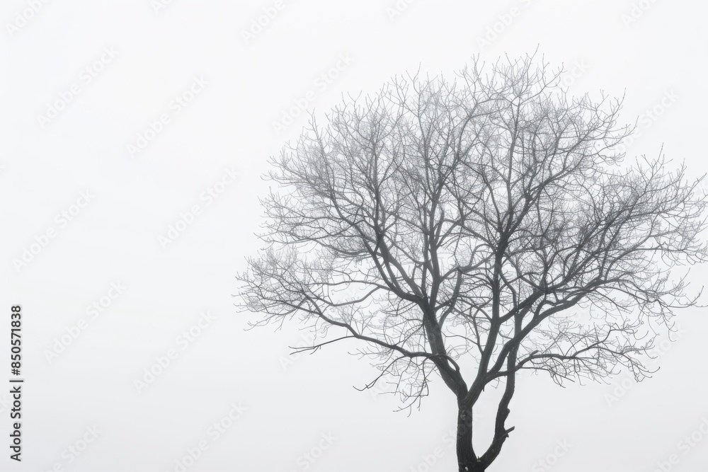 A bare tree with intricate branches set against a foggy white sky A bare tree with intricate branches set against a foggy white sky