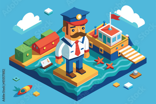 An isometric illustration of a sailor standing on a platform, with a boat, village, and surrounding water, Sailor Customizable Isometric Illustration