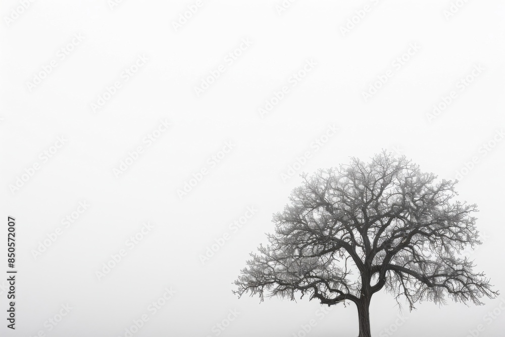 A bare tree with intricate branches set against a foggy white sky A bare tree with intricate branches set against a foggy white sky