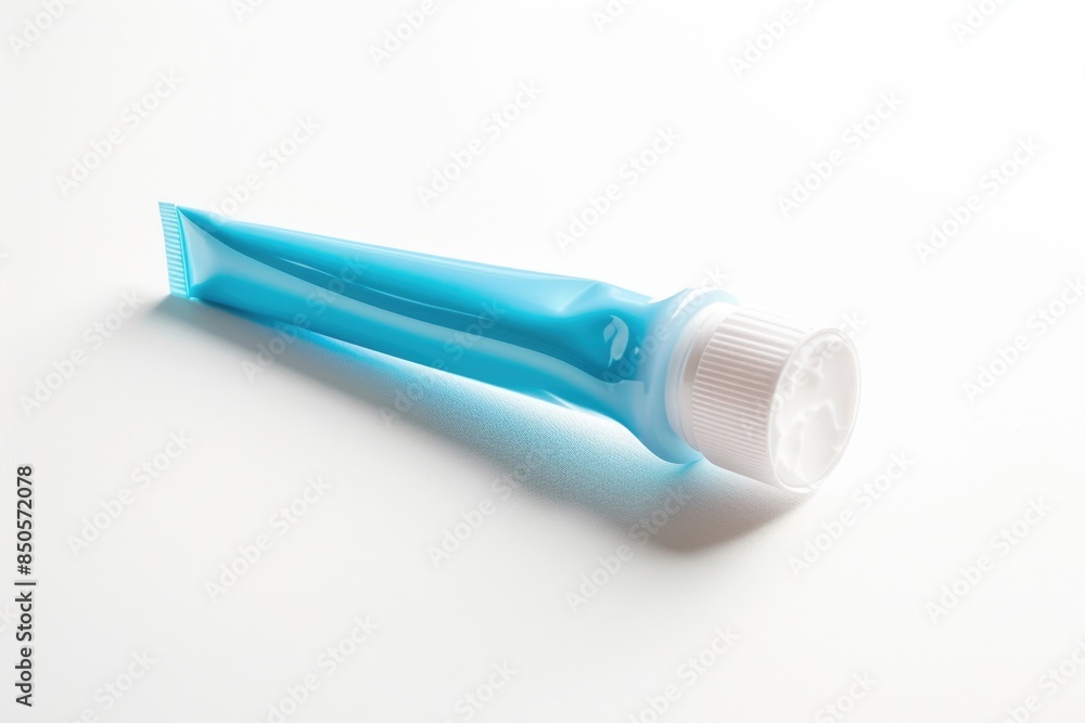 A tube of toothpaste placed on a clean and plain white surface, ideal for use in e-commerce, advertising or editorial purposes A tube of toothpaste placed on a clean and plain white surface, ideal for use in e-commerce, advertising or editorial purposes