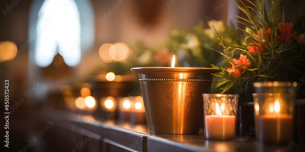 Candles encircle urn in cemetery chapel before funeral service creating ambiance. Concept Funeral Services, Candles, Cemetery Chapel, Ambiance, Urn Candles encircle urn in cemetery chapel before funeral service creating ambiance. Concept Funeral Services, Candles, Cemetery Chapel, Ambiance, Urn
