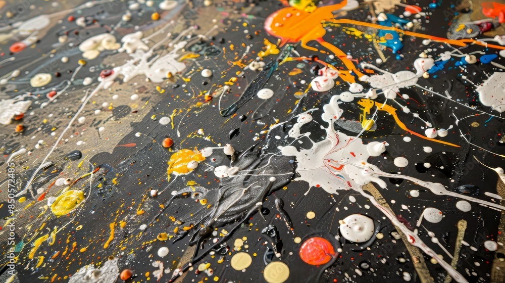 Colorful Paint Splatter on Black Surface Colorful Paint Splatter on Black Surface