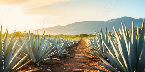 Mexican agave tequila field with cactus in nature landscape. Concept Nature Photography, Landscape, Mexican Agave, Tequila Field, Cactus