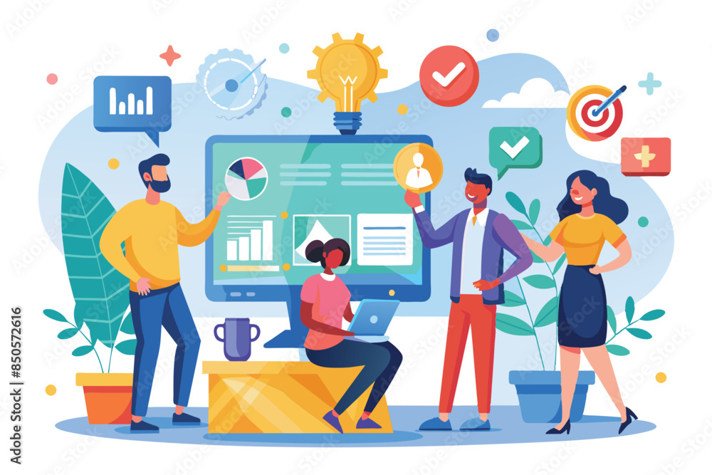 A colorful illustration showcasing a team of diverse individuals working together on a project, Selecting team Customizable Flat Illustration A colorful illustration showcasing a team of diverse individuals working together on a project, Selecting team Customizable Flat Illustration