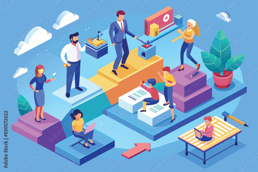 A colorful isometric illustration depicting a team of diverse individuals collaborating in a modern office setting, Selecting team Customizable Isometric Illustration A colorful isometric illustration depicting a team of diverse individuals collaborating in a modern office setting, Selecting team Customizable Isometric Illustration