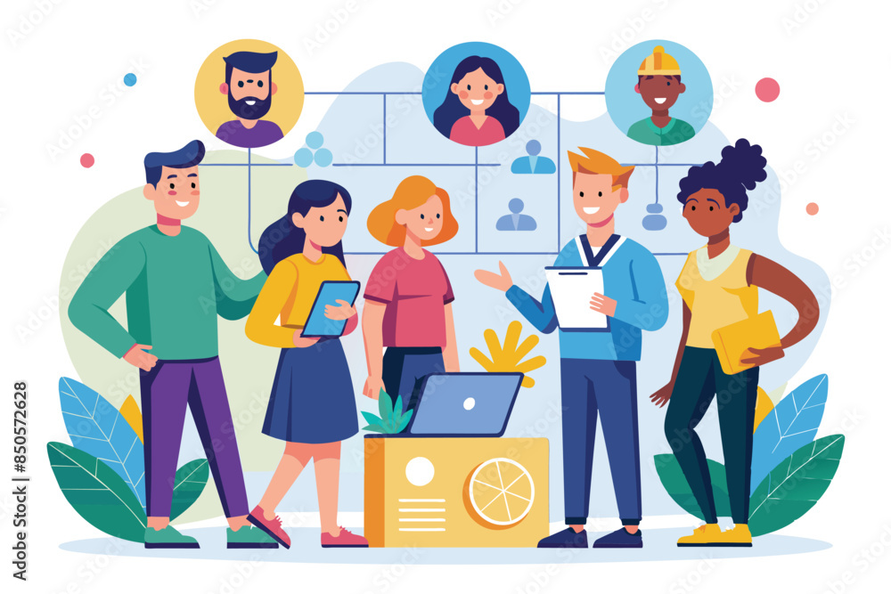 Illustration of a diverse team working together on a project, Selecting team Customizable Semi Flat Illustration Illustration of a diverse team working together on a project, Selecting team Customizable Semi Flat Illustration