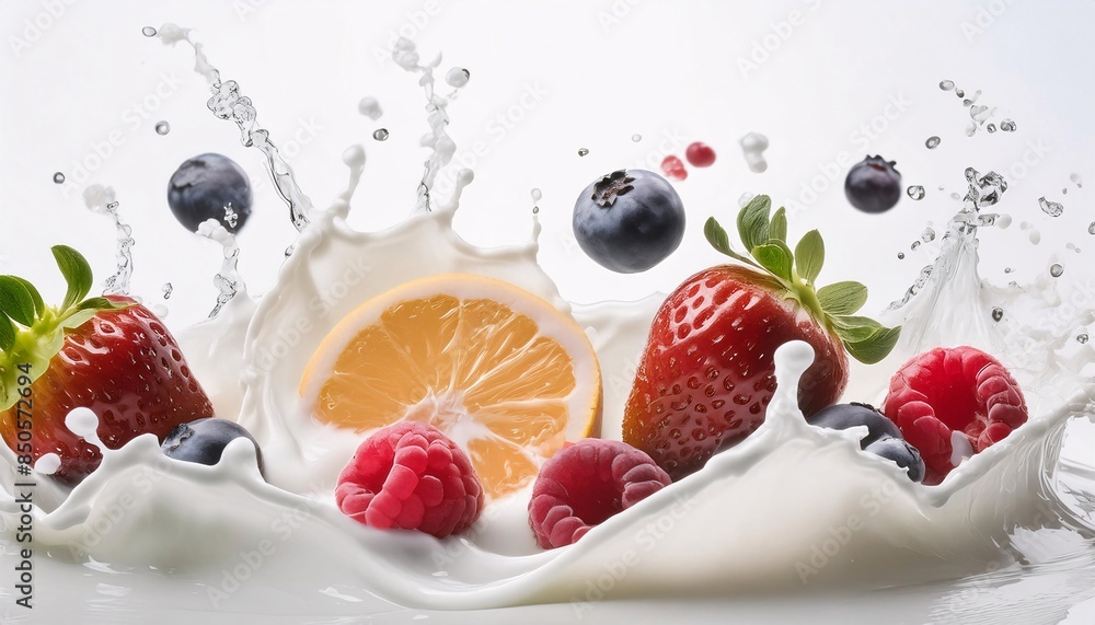 Dynamic milk splash bibs with fresh fruit juice flying in the air, all set against a clean white background ,ai generative Dynamic milk splash bibs with fresh fruit juice flying in the air, all set against a clean white background ,ai generative