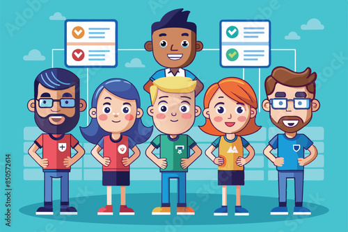 A cartoon illustration of a diverse team of six people standing together, Selecting team Customizable Cartoon Illustration