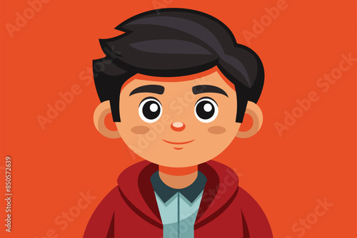 A cartoon illustration of a young boy with black hair and a friendly smile wearing a red hoodie, Share link Customizable Cartoon Illustration