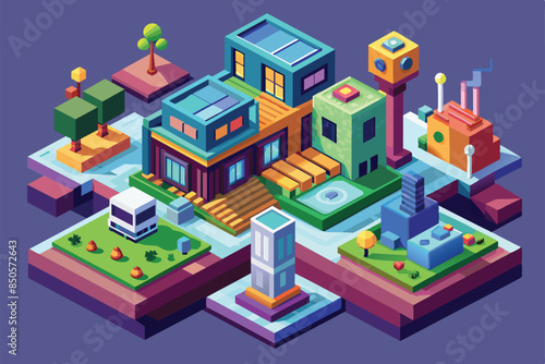 Isometric illustration of a modern city with colorful buildings, trees, a van, and a blue pool, Share link Customizable Isometric Illustration