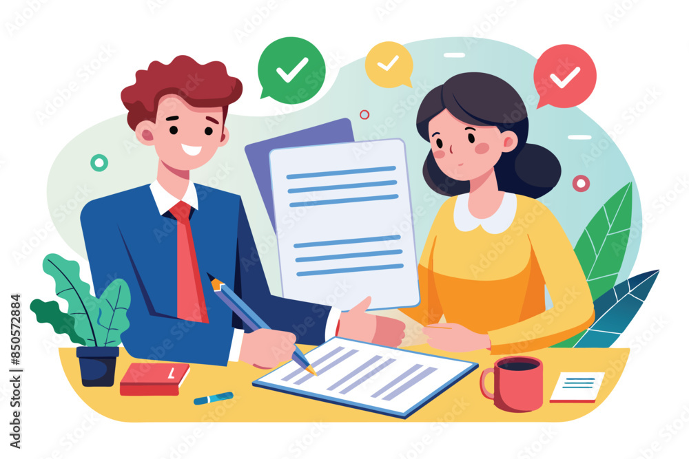 A man in a suit signs a contract while a woman in a yellow shirt looks on, Signing a contract Customizable Cartoon Illustration A man in a suit signs a contract while a woman in a yellow shirt looks on, Signing a contract Customizable Cartoon Illustration