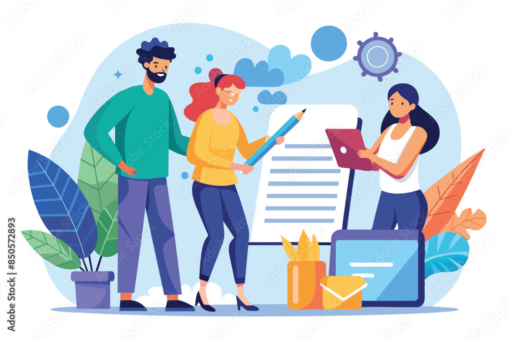 Three Business Colleagues Review And Sign Contract, Signing a contract Customizable Flat Illustration Three Business Colleagues Review And Sign Contract, Signing a contract Customizable Flat Illustration