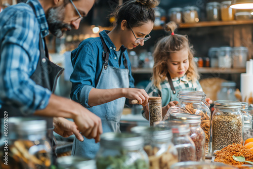 In a store, a family is inspecting jars of food together to buy zero waste products. Ideal for promoting sustainable shopping and eco-friendly family practices. photo