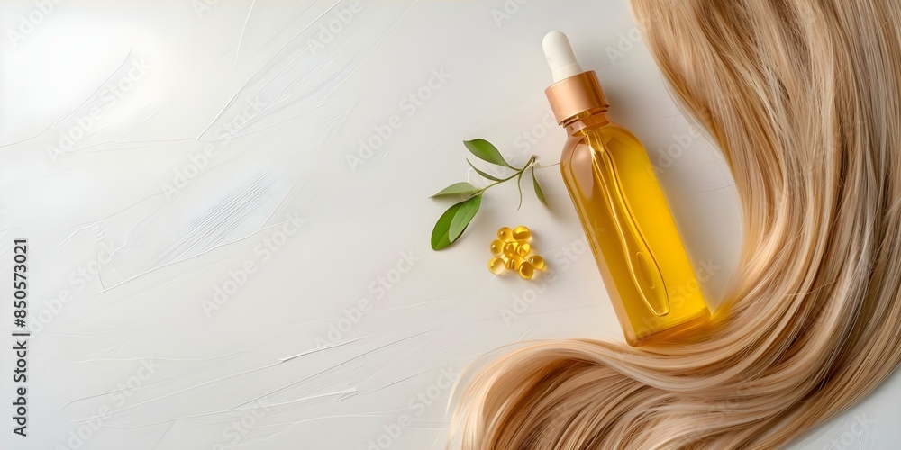 Fototapeta premium Golden drops nourish hair restore and revitalize damaged hair with keratin. Concept Hair Care, Keratin Treatment, Damage Repair, Nourishing Ingredients, Revitalizing Hair