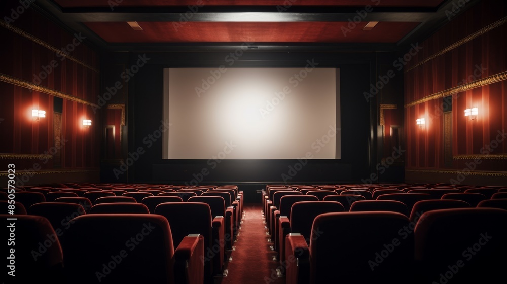 Obraz premium Cinema auditorium with empty white screen and seats