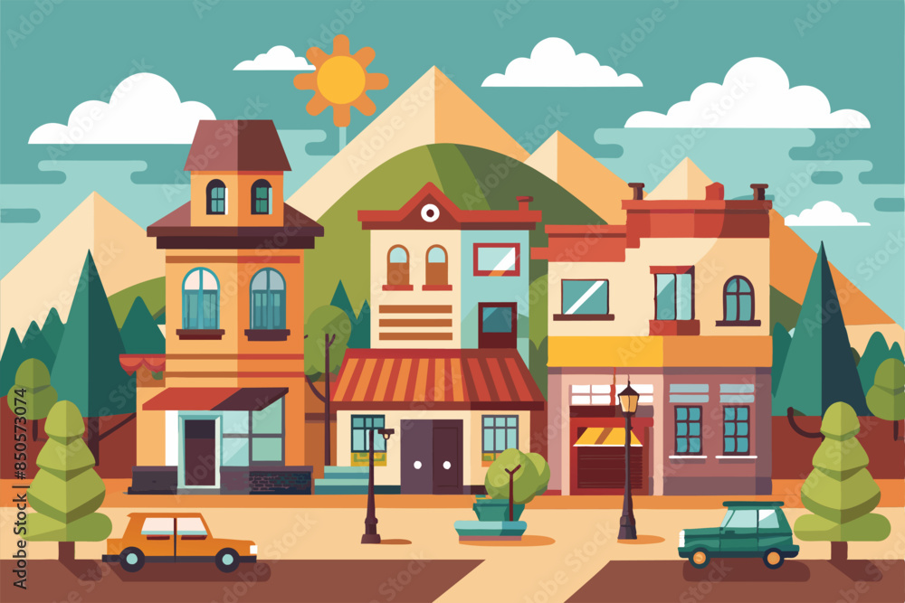 A cheerful illustration of a small town with buildings, cars, and mountain views, Small town Customizable Semi Flat Illustration A cheerful illustration of a small town with buildings, cars, and mountain views, Small town Customizable Semi Flat Illustration