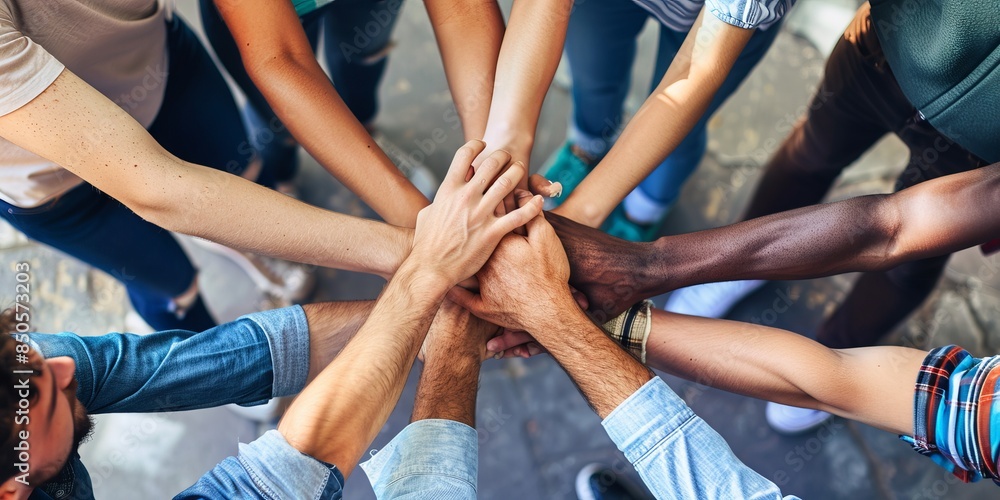 A group of people put their hands together in a gesture of unity and cooperation. A group of people put their hands together in a gesture of unity and cooperation.