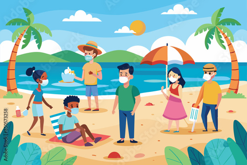 A cartoon illustration depicting a group of people practicing social distancing at the beach, all wearing masks, Social distance at the beach Customizable Cartoon Illustration