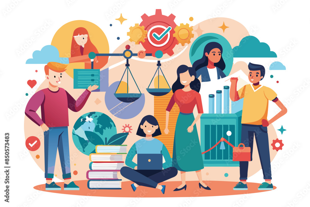 An illustration depicting a group of diverse individuals working together to create and implement social ideas, Social ideas Customizable Disproportionate Illustration An illustration depicting a group of diverse individuals working together to create and implement social ideas, Social ideas Customizable Disproportionate Illustration