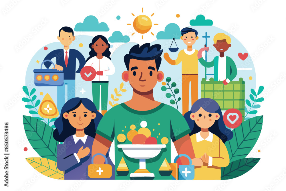 Illustration of diverse group with social symbols in greenery, Social ideas Customizable Disproportionate Illustration Illustration of diverse group with social symbols in greenery, Social ideas Customizable Disproportionate Illustration