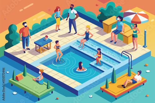 Isometric illustration of people enjoying a pool party while practicing social distancing, Social distance at the pool Customizable Isometric Illustration