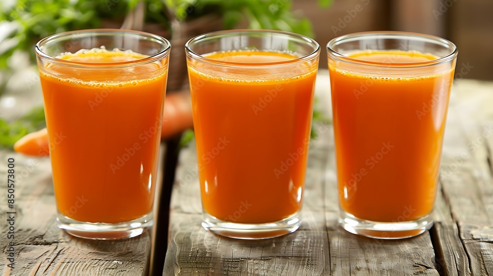 Three glasses of carrot juice with carrot background Three glasses of carrot juice with carrot background
