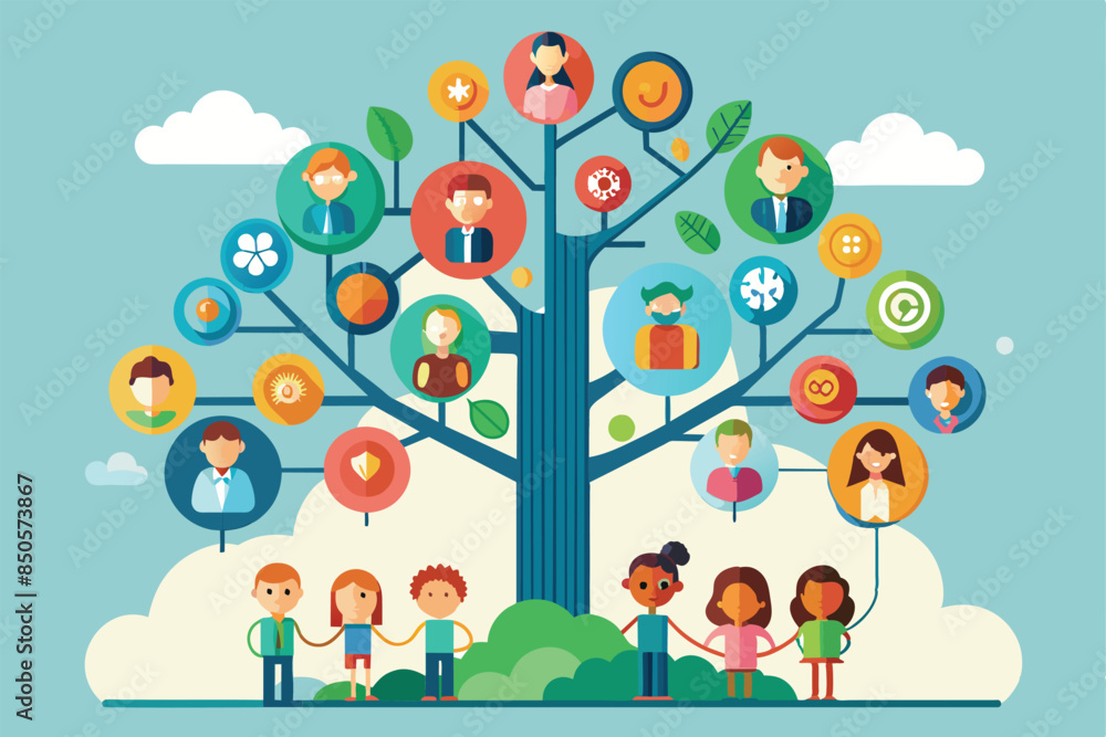 Colorful tree with people and icons symbolize social connection and community, Social tree Customizable Disproportionate Illustration Colorful tree with people and icons symbolize social connection and community, Social tree Customizable Disproportionate Illustration