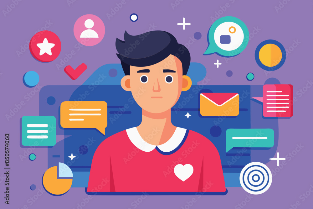 An illustration of a young man surrounded by various social media icons, indicating his online presence and engagement, Status update Customizable Disproportionate Illustration An illustration of a young man surrounded by various social media icons, indicating his online presence and engagement, Status update Customizable Disproportionate Illustration