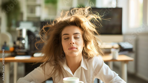 Businesswoman with disheveled hair sitting at office desk, drinking coffee drink from the mug or cup in the morning, sleepy girl early wake up refreshment, Monday depression, exhausted, energy, drowsy
